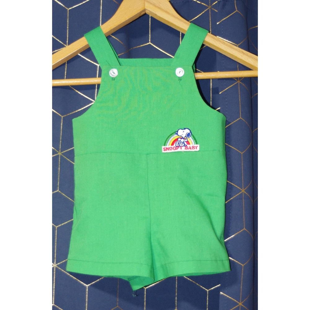 Peanuts Baby Snoopy Vintage Embroidered Rainbow Sunsuit Romper Overall Green EUC
